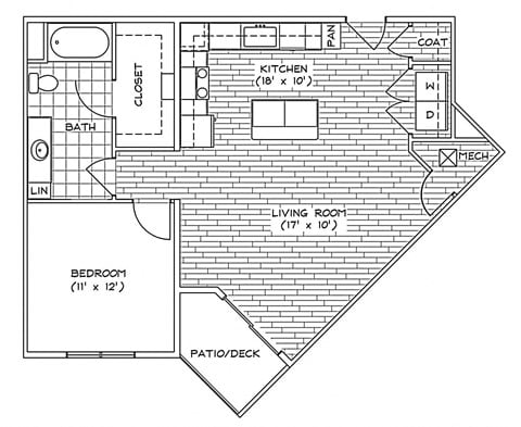 Floor plan for 1 bed, 1 bath, 804 sqft